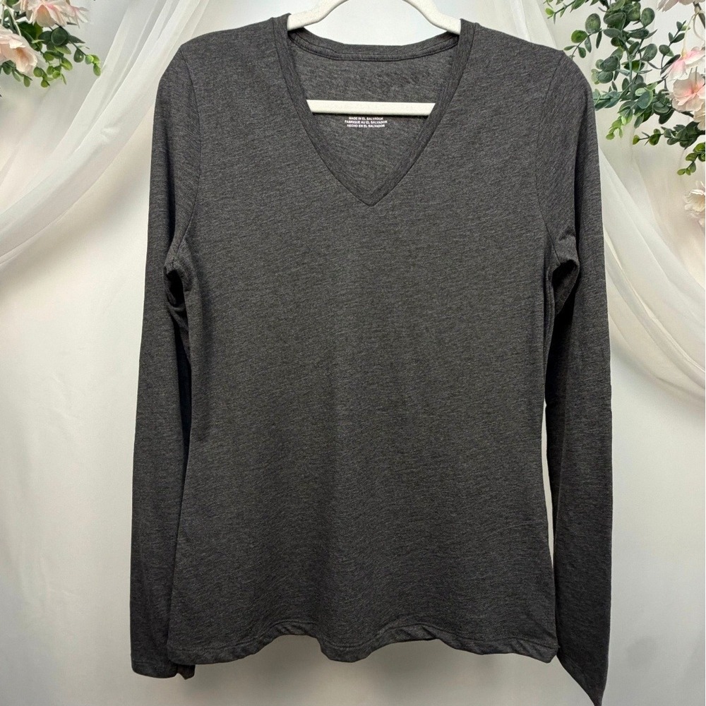 Fanatics Charcoal Gray Heather V-Neck Long Sleeve Top Rayon Blend Small